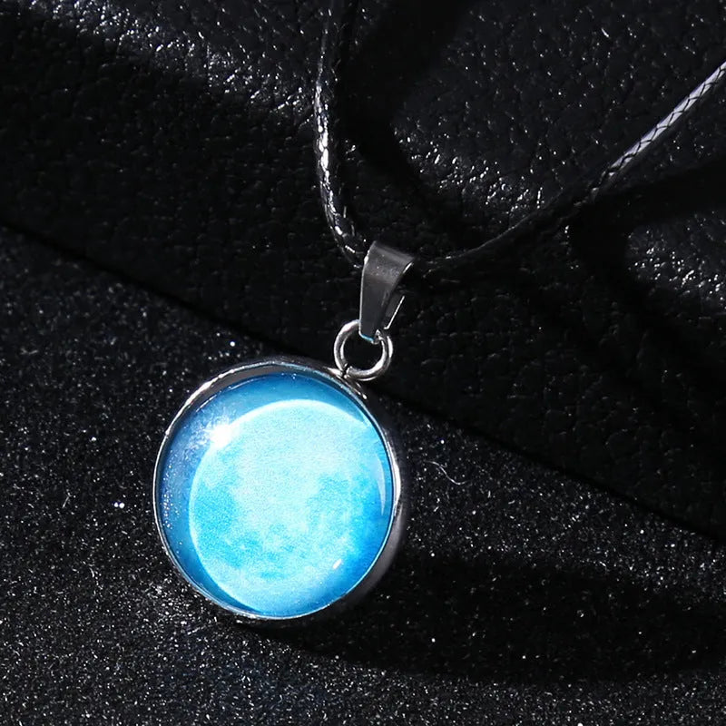Luminous alloy pendant necklace with constellation design in coloured glass, showing extension chain