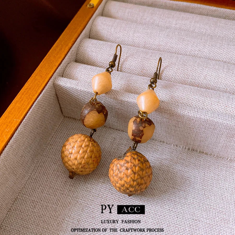 Resin fruit core tassel earrings in brown geometric round shape ethnic style for women
