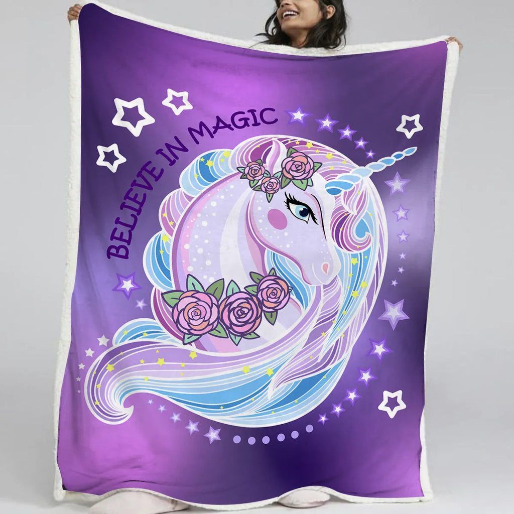 Purple unicorn themed sherpa fleece blanket with hemmed edges, 130x150cm, for sofa or camping