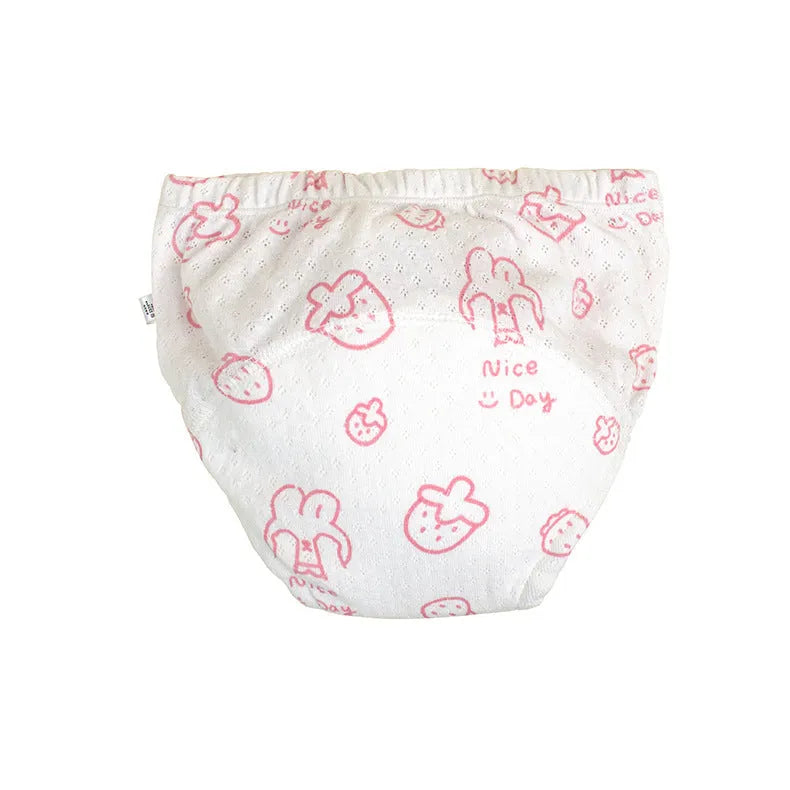 Reusable pure cotton cloth diaper with waterproof layer in bear and strawberry rabbit prints, sizes 90 to 110