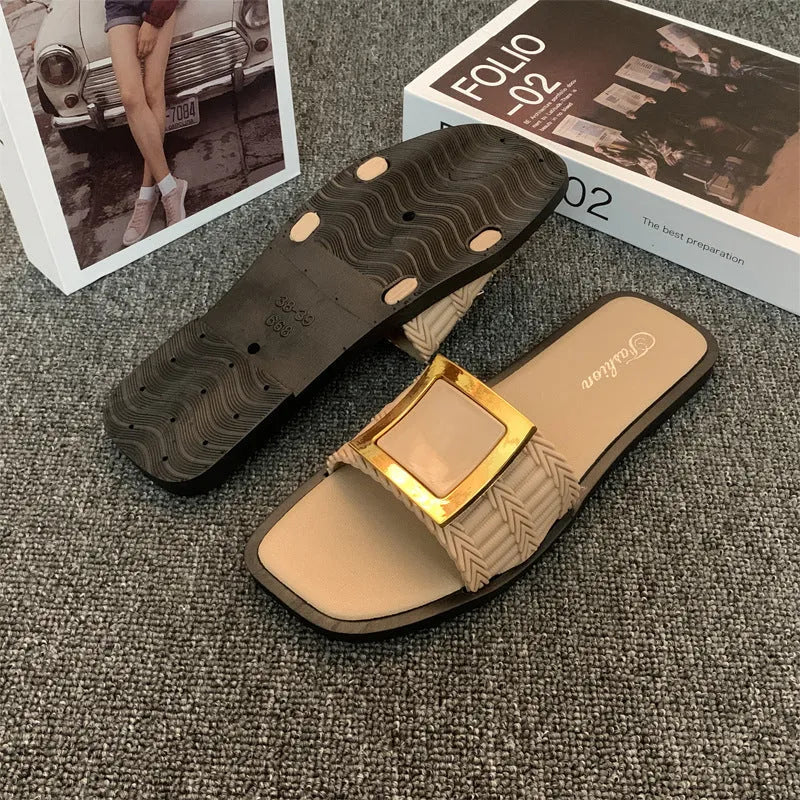 Women's flat casual slippers in apricot colour with a textured non-slip PVC sole.