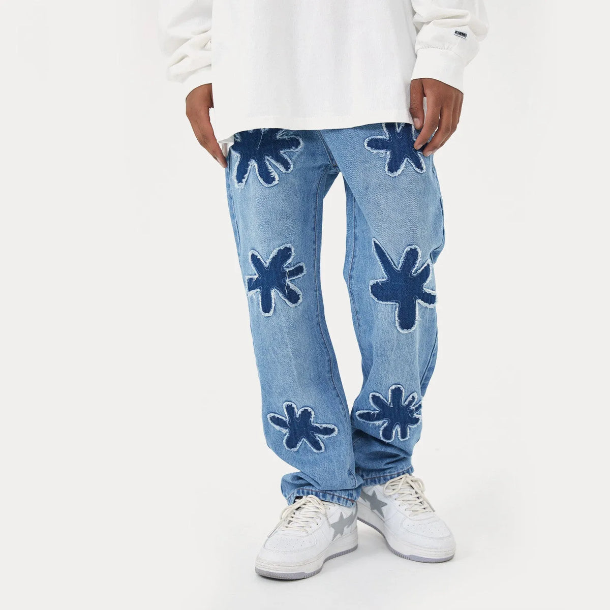 Retro washed straight-leg jeans in light blue, coffee, or black, 100% cotton denim, sizes S to XL