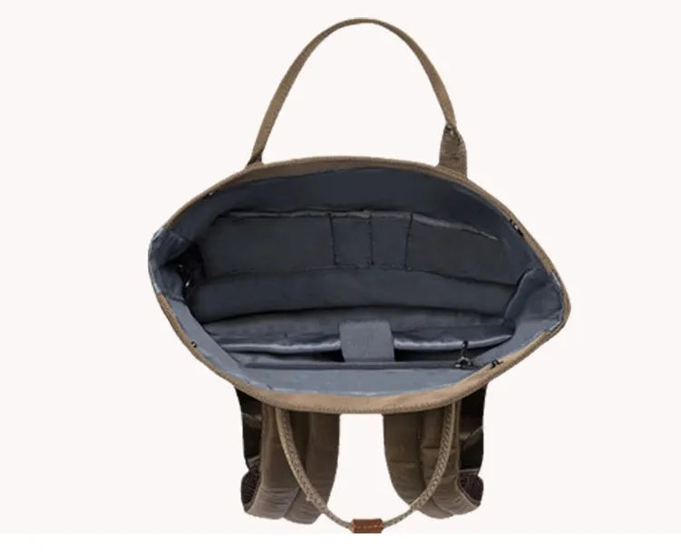 Casual black polyester backpack with cover flap open, showing interior laptop sleeve and zipper pocket.