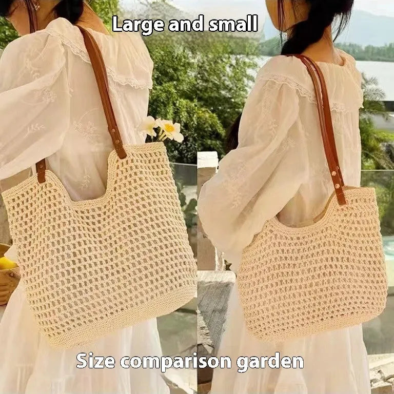 Beige woven cotton and linen large capacity shoulder bag with a choice of magnetic snap or zipper closure.
