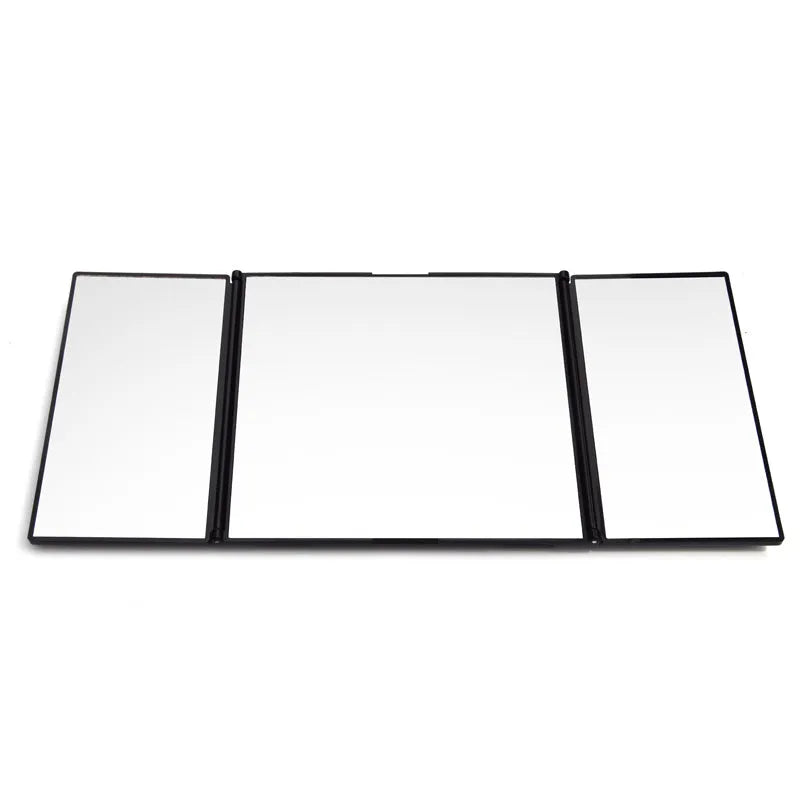 Silver car folding makeup mirror shown closed at 15.5cm and open at 30.5cm wide.