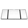 Silver car folding makeup mirror shown closed at 15.5cm and open at 30.5cm wide.