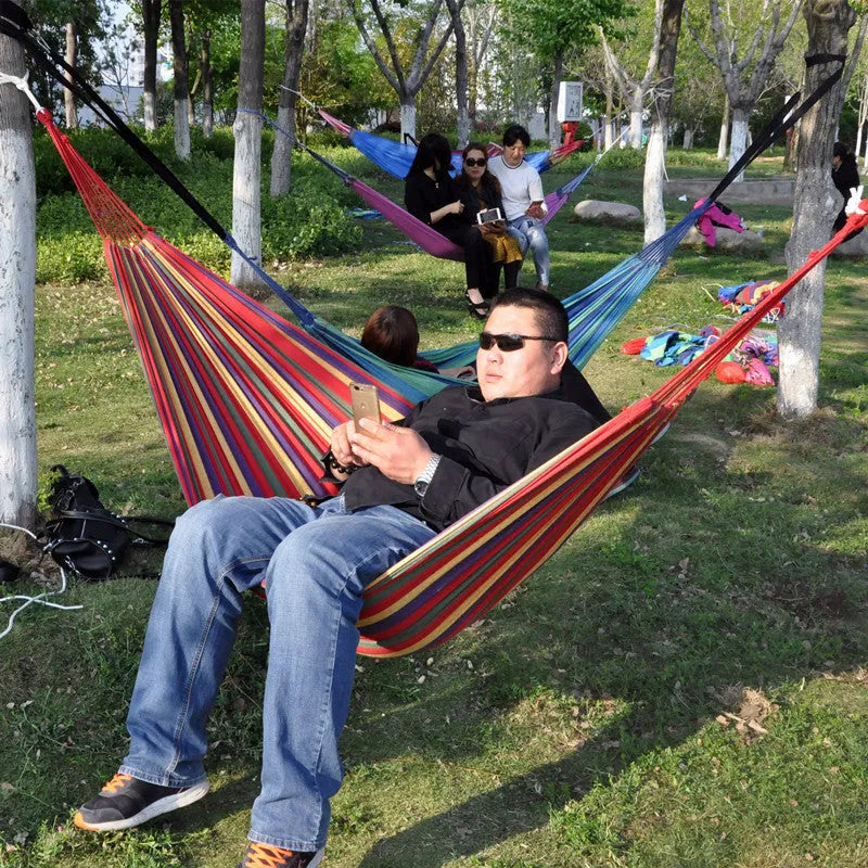 Canvas swing camping hammock with striped pattern fabric buckle single red blue anti-flip outdoor use