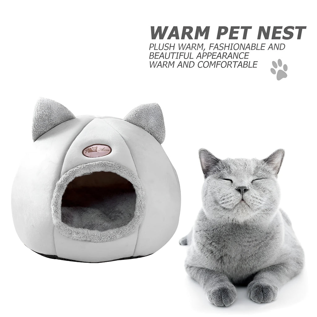 Fully enclosed winter cat nest sofa bed in plush fabric, size available up to 40cm