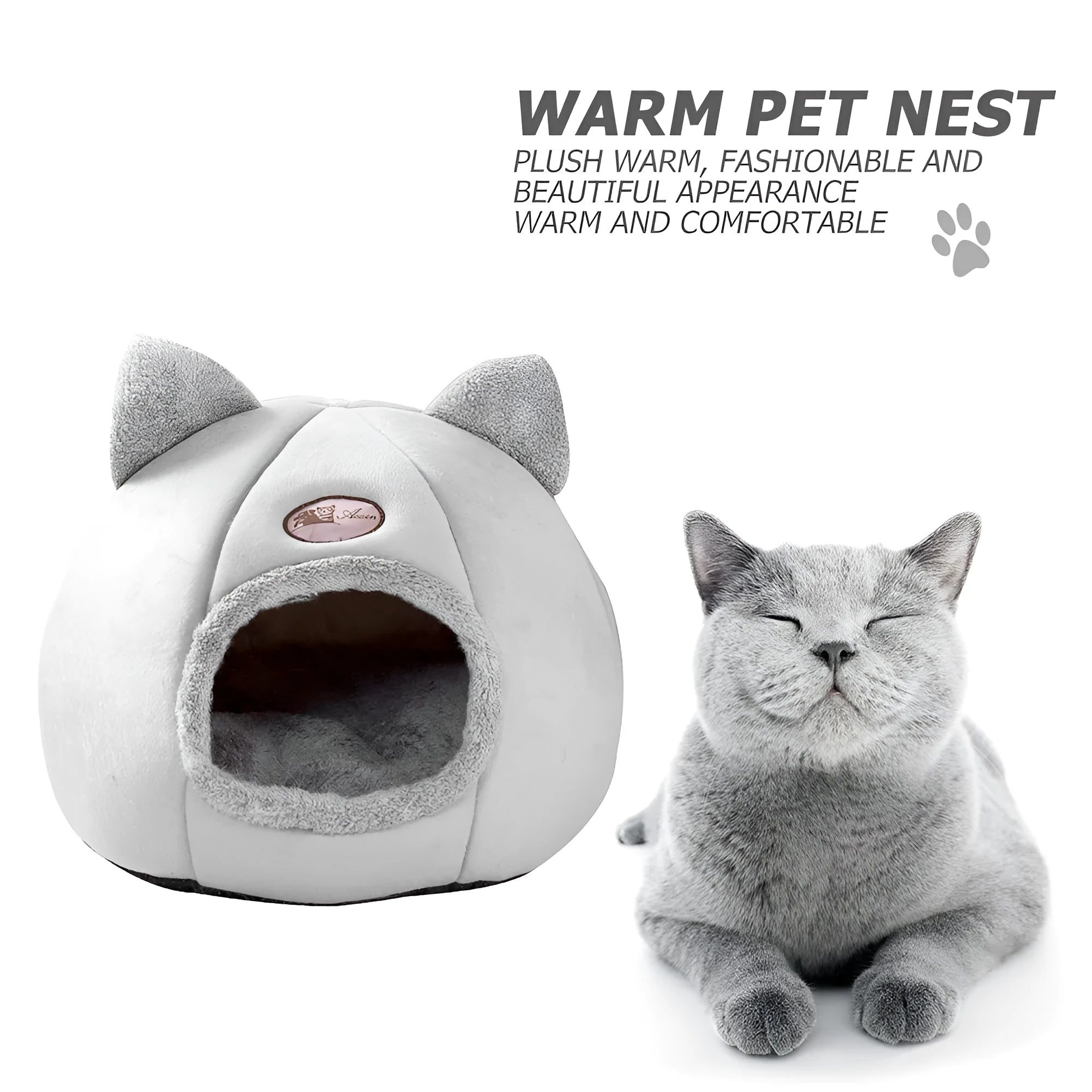 Fully enclosed winter cat nest sofa bed in plush fabric, size available up to 40cm