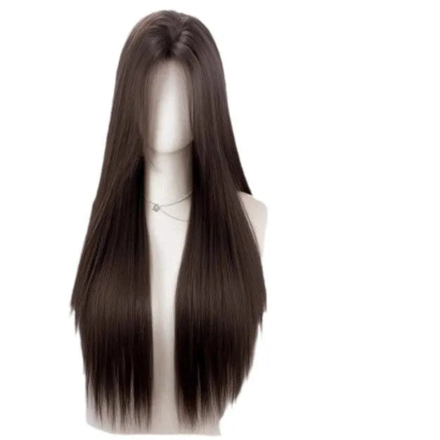 Forehead lace full-head wig with mid-length straight black hair and styling kit including comb, clip and bracket