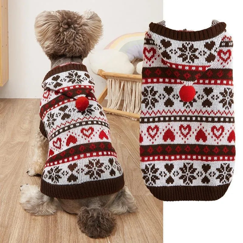 Acrylic knitted dog sweater with snowflake, love heart, and striped camouflage patterns in pink, blue, or grey colours