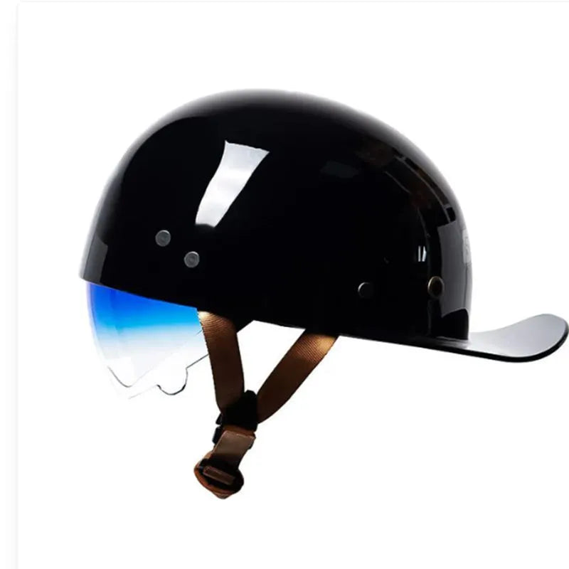Men's retro half-shell bicycle helmet in black with a gradient blue lens, shown from the side.