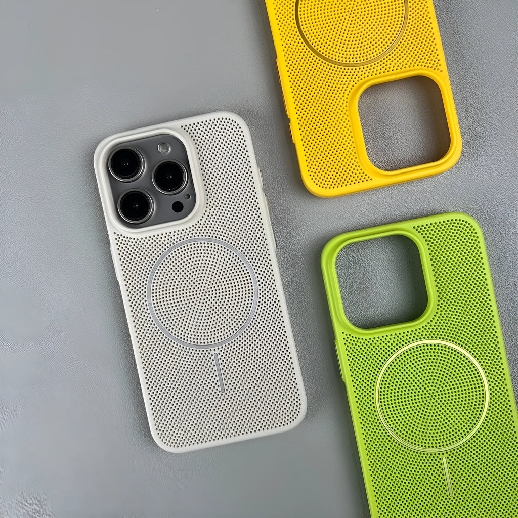 Green frosted magnetic hard phone case for iPhone, showing shockproof and heat dissipation features.