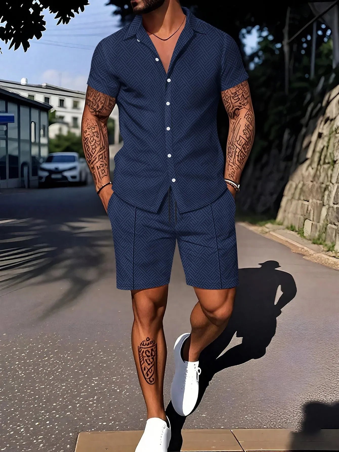 Men's casual short sleeve suit set with digital printing design in cotton blend fabric