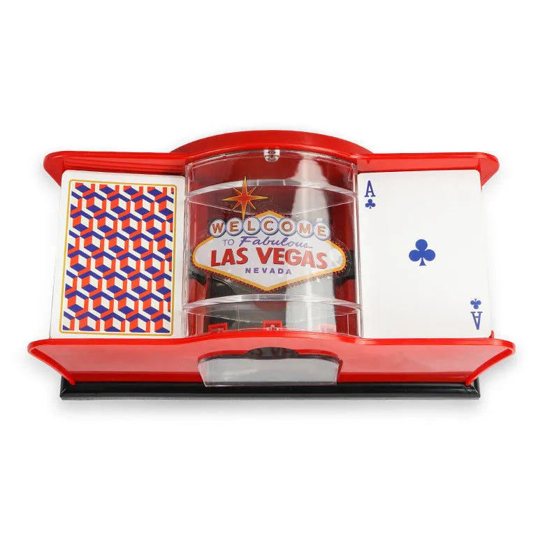 Manual card shuffler with black ABS plastic body and hand crank for poker and blackjack games