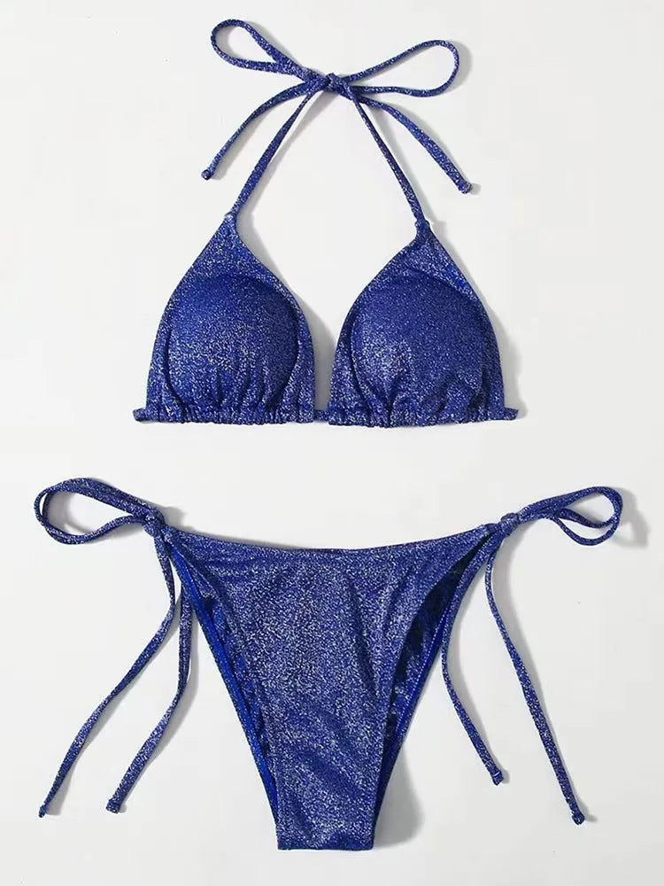Women's split bandage style bikini swimsuit in polyester, shown in multiple colour options.