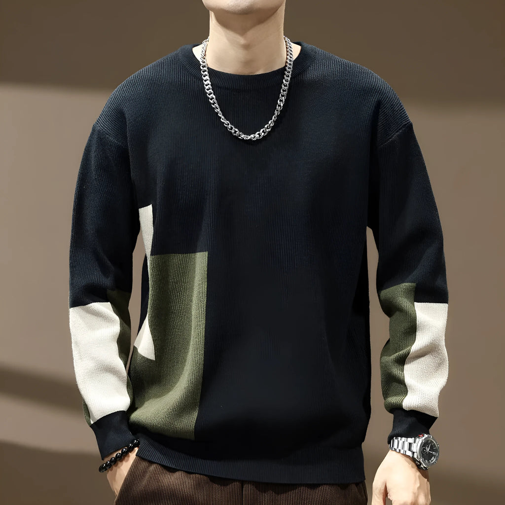 Men's black high sense colour contrast patchwork loose-fitting oversized polyester sweater with long sleeves