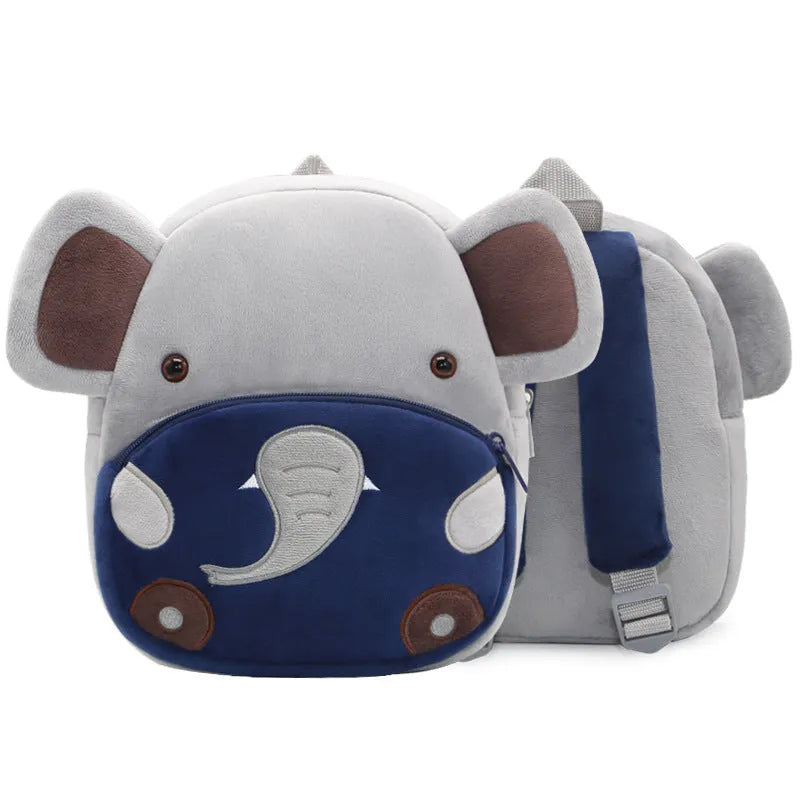 Children's plush animal backpack with elephant design showing dimensions and zipper opening