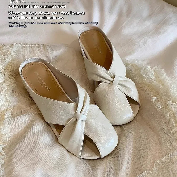Women's hollow-out half slippers in beige with patent PU leather upper and rubber sole