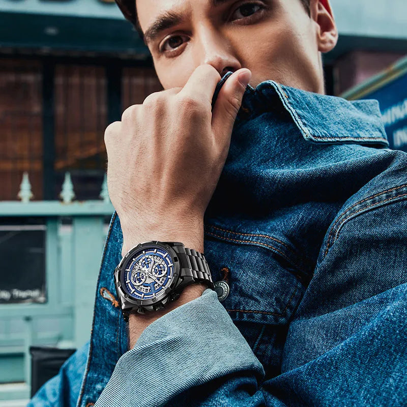 Men's waterproof luminous casual quartz watch with a steel belt, shown in black and blue, black and gold, and silver and white colour options.