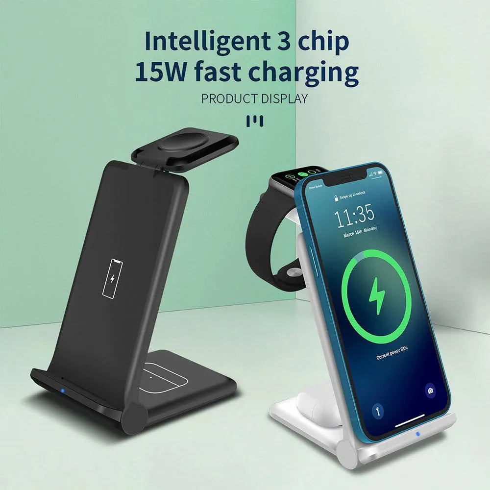 White 3-in-1 wireless charging station folded, charging an iPhone, AirPods case, and Apple Watch.