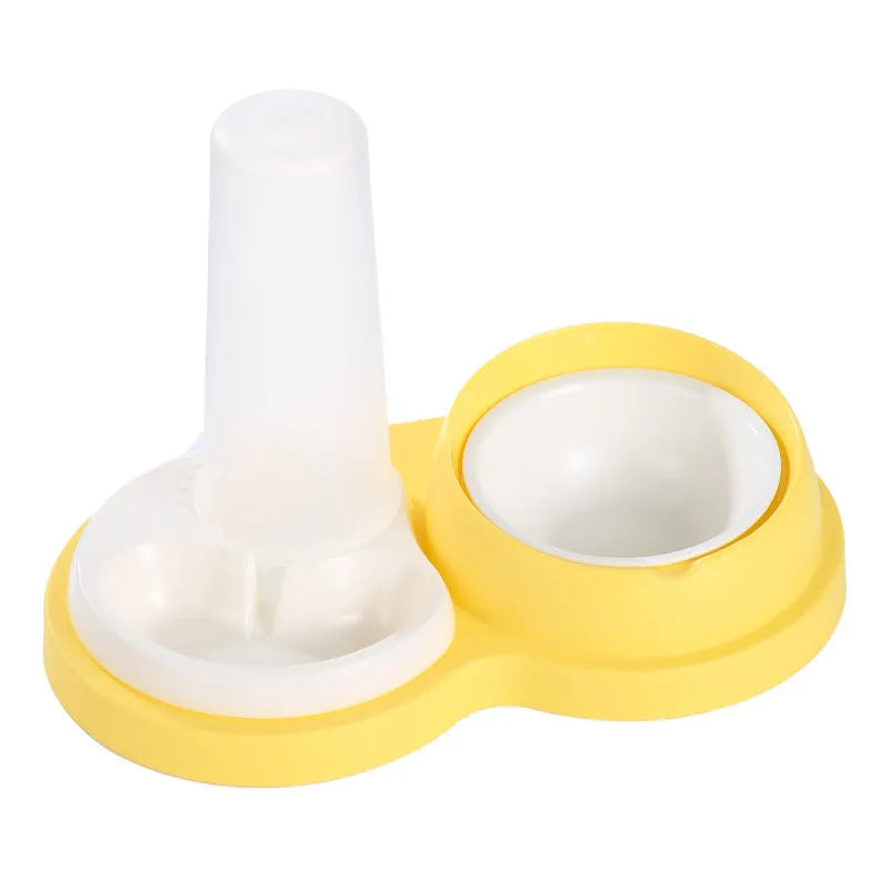 Grey ceramic dual pet feeding bowl with water dispenser and non-slip base.