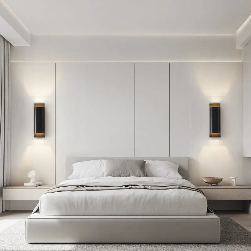 Minimalist modern copper wall lamp in black gold and natural finishes, large and small sizes.