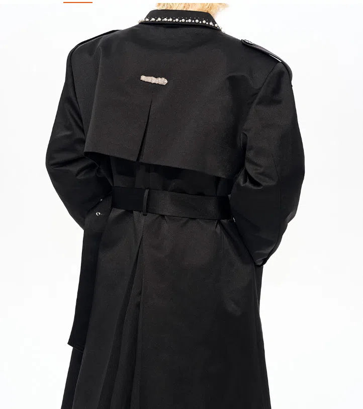 Black padded trench coat medium length cotton polyester blend front view
