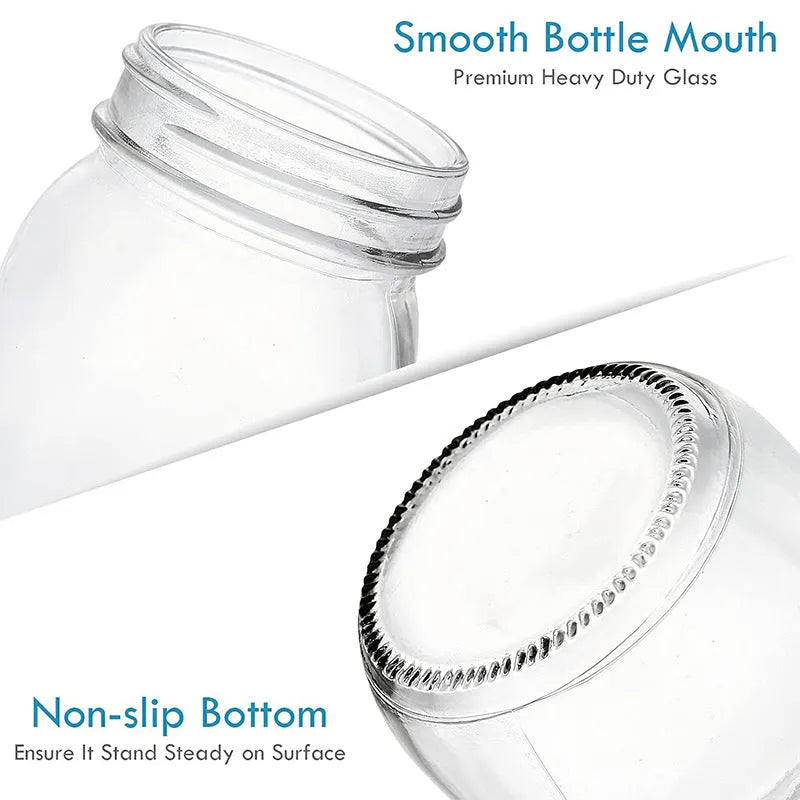 Set of six transparent 32oz glass bottles with airtight lids on a kitchen shelf