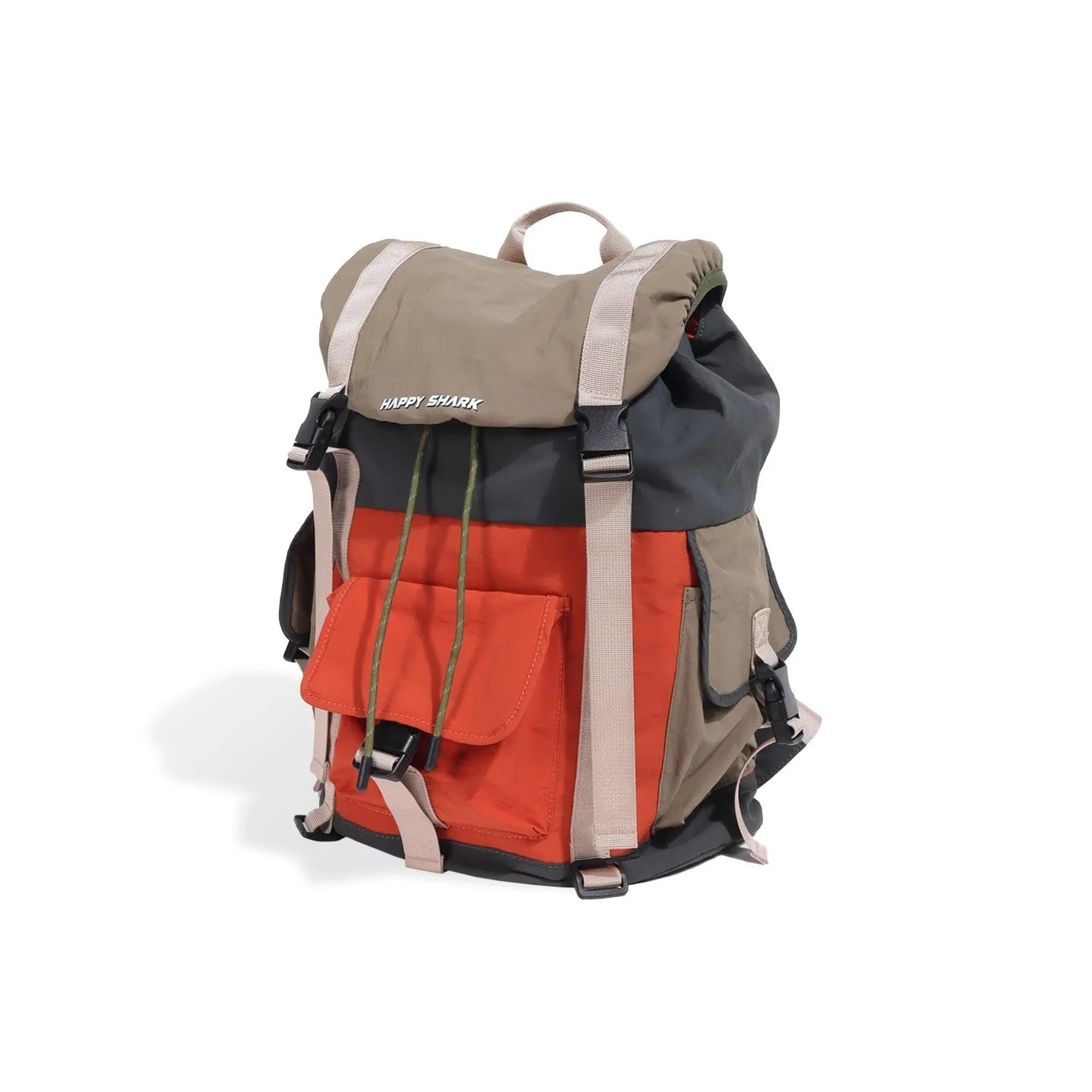 Orange and green contrast colour large nylon backpack with multiple compartments on a plain background.