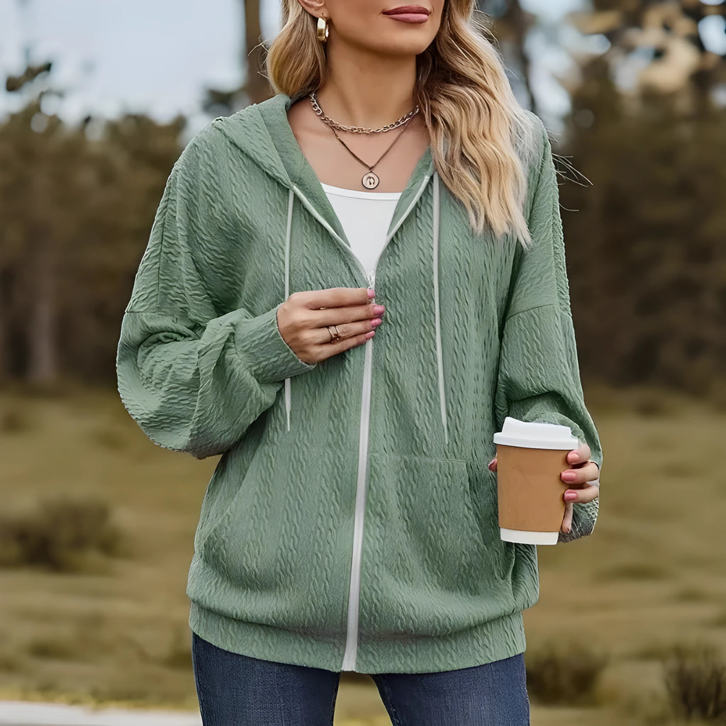 Green women's hooded zip-up coat sweater in a loose Japanese Korean casual style.