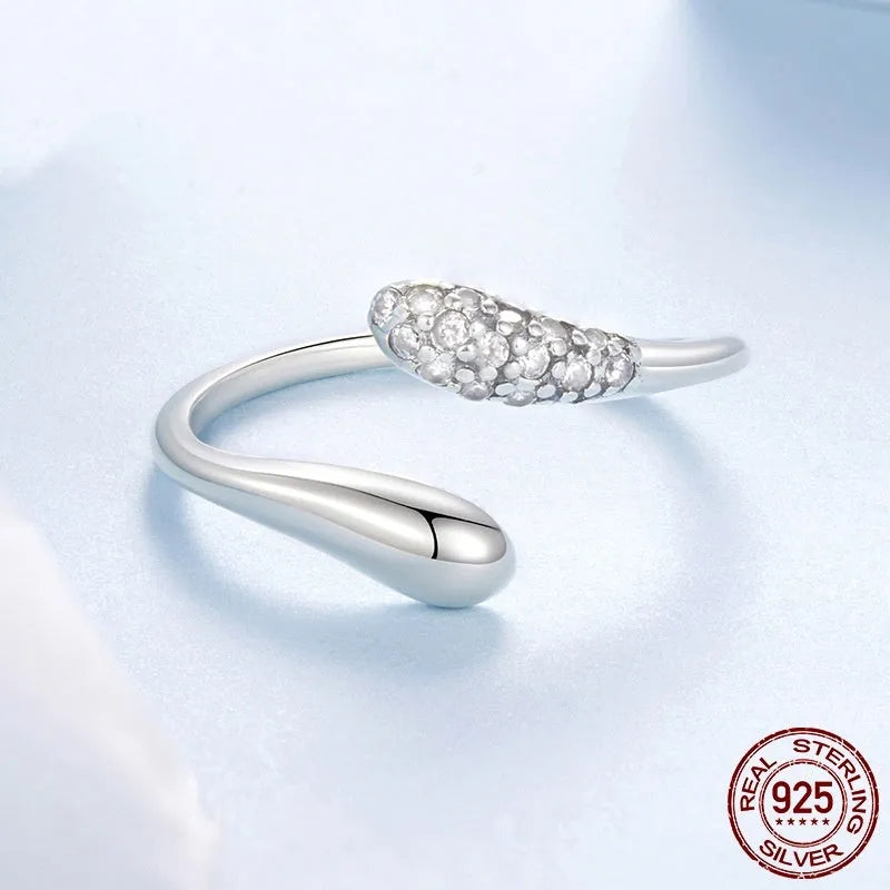 S925 sterling silver water drop adjustable opening ring with inlaid zircon in BSR680-E colour for women
