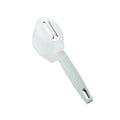 Stainless steel fruit peeler with PP handle, shown in pink or blue, modern minimalist kitchen gadget for fruit peeling
