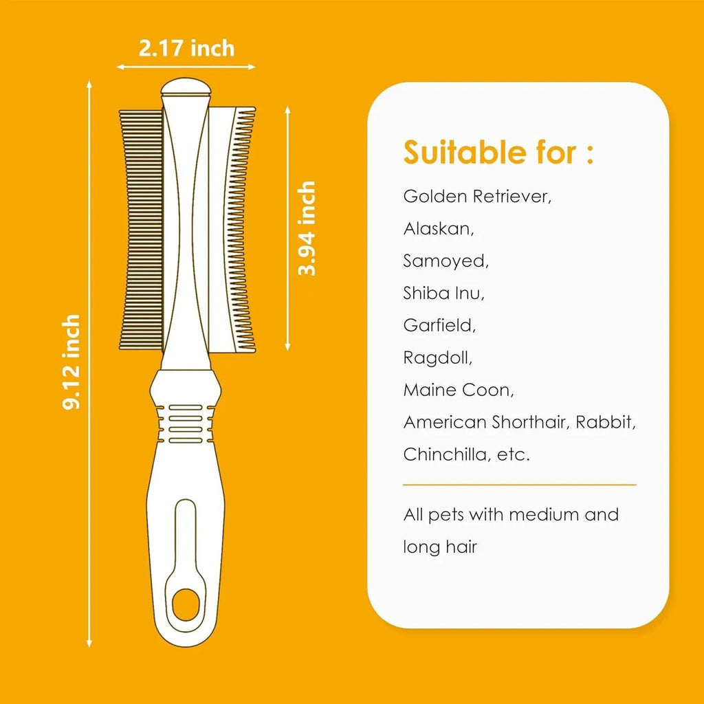 White double-sided dog and cat brush with ergonomic handle showing comb and deshedding sides