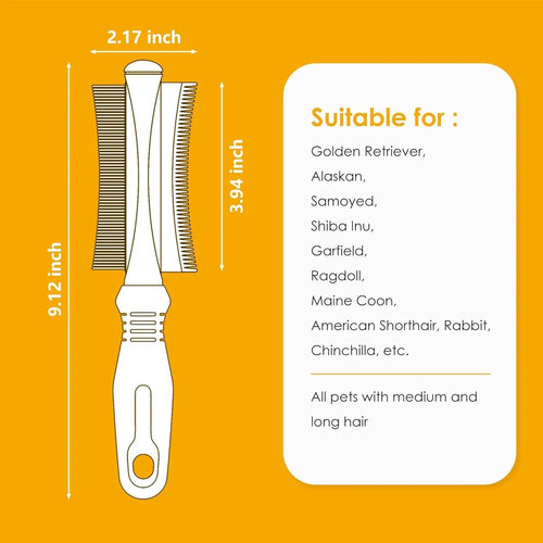 White double-sided dog and cat deshedding brush with curved comb and ergonomic handle