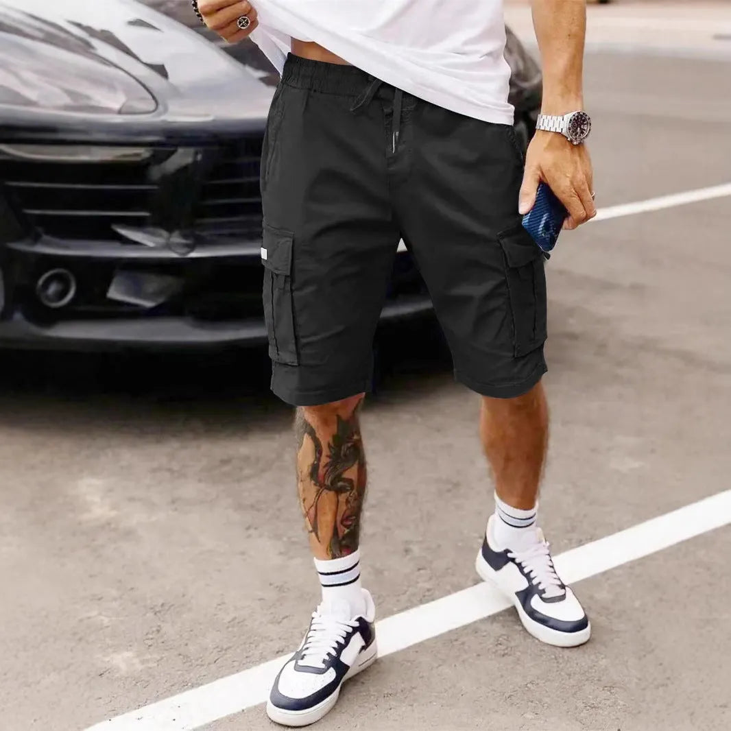 Men's loose fit polyester work shorts in light gray, summer casual style