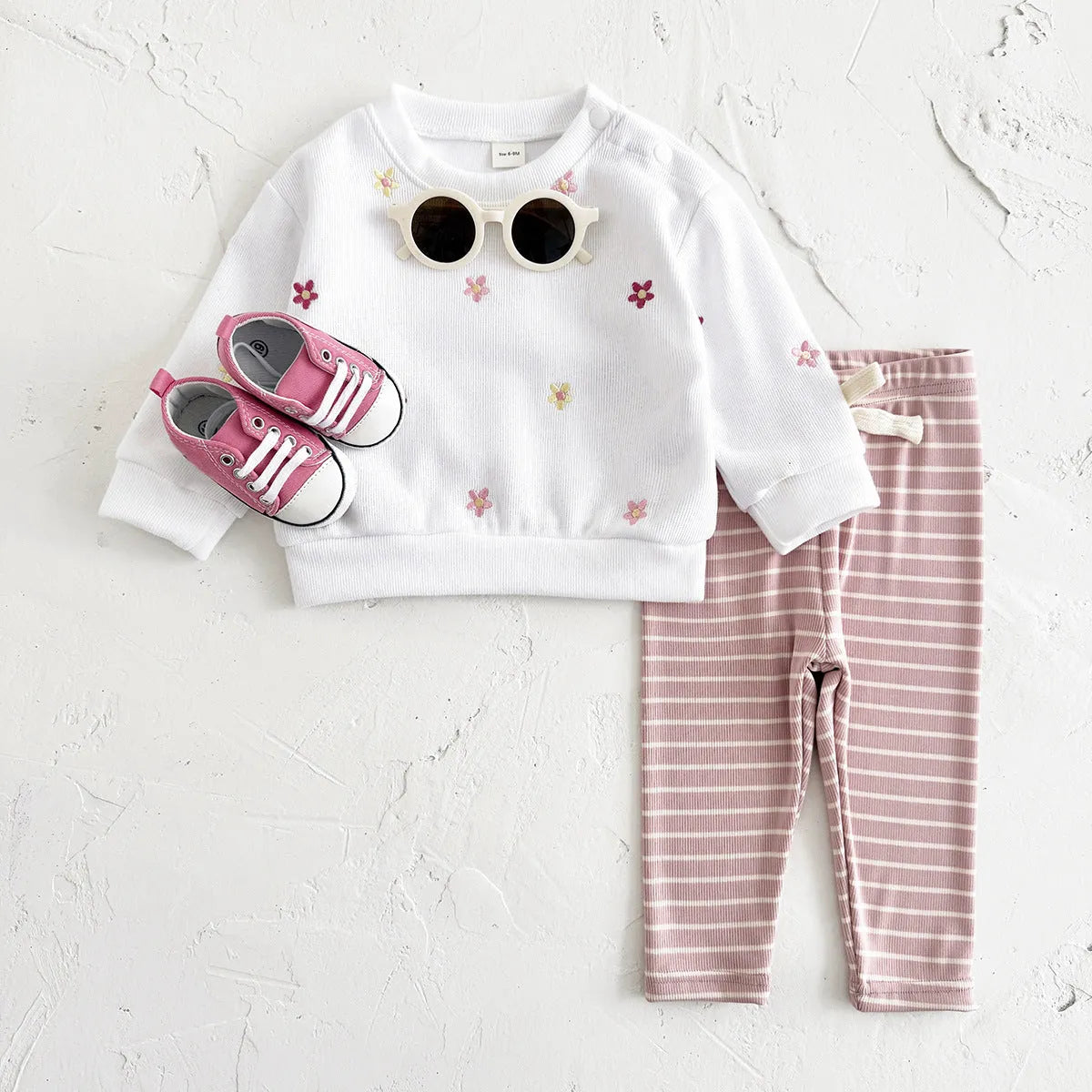 White baby girl floral embroidered pullover sweatshirt suit with matching pants, polyester fibre fabric