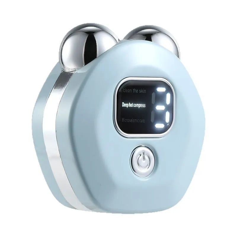 Portable white facial massager with hot compress, micro current, and double roller head for skin rejuvenation.