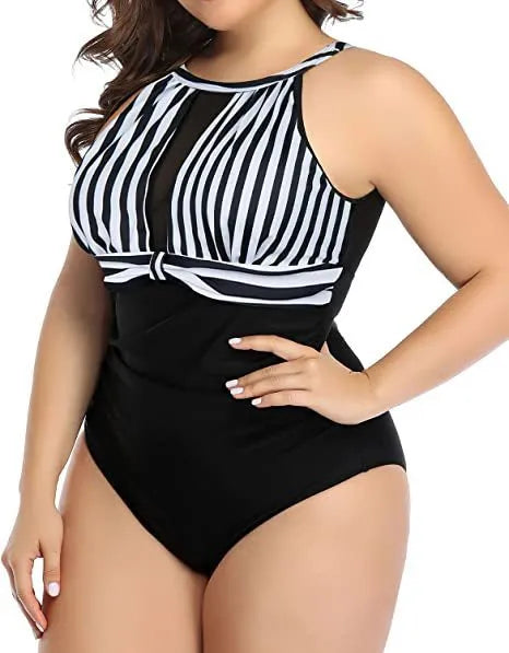 Women's black lace one-piece swimsuit on a hanger with red floral and striped variants shown.