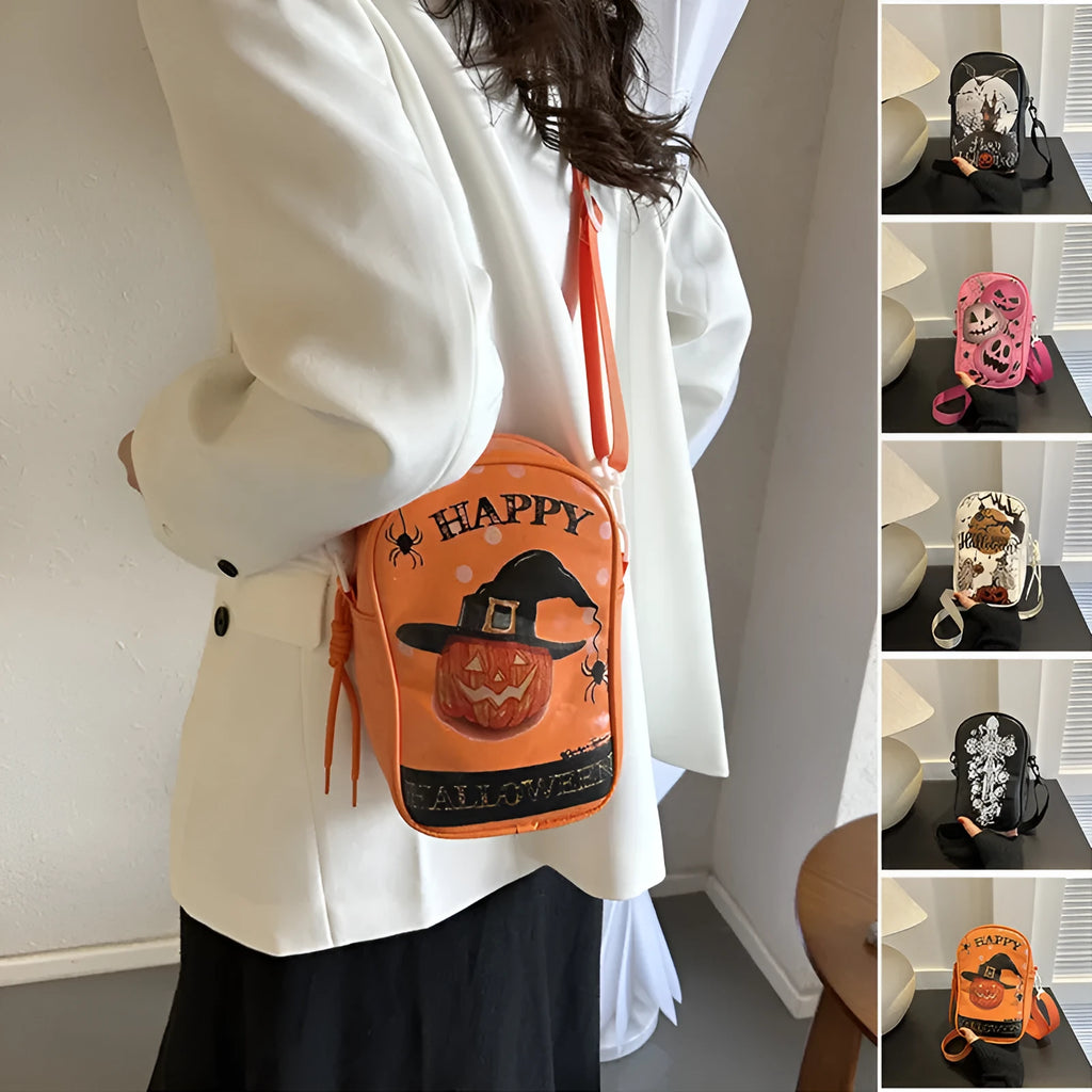 Halloween graffiti crossbody bag with pumpkin ghost bat print in medium 14x23x9.5cm size