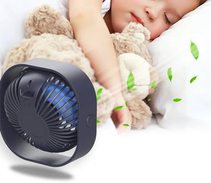 USB desk fan with alarm clock display, shown in blue with rotating head