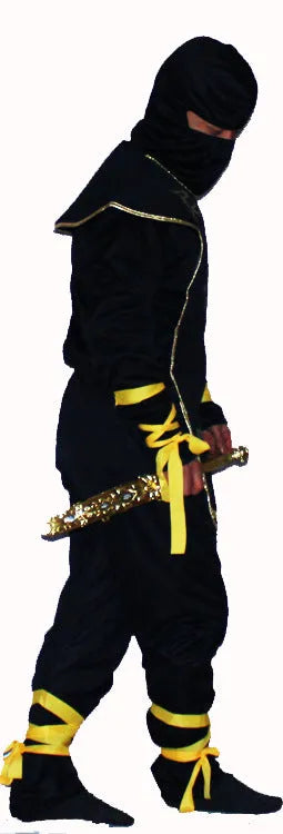 Adult high-end black ninja costume set with headgear, breastplate, top, pants, and golden laces