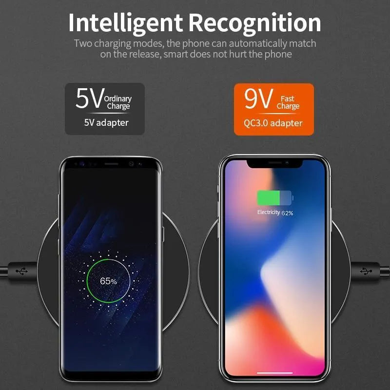 Ultra-thin black wireless charging pad with USB cable on desk