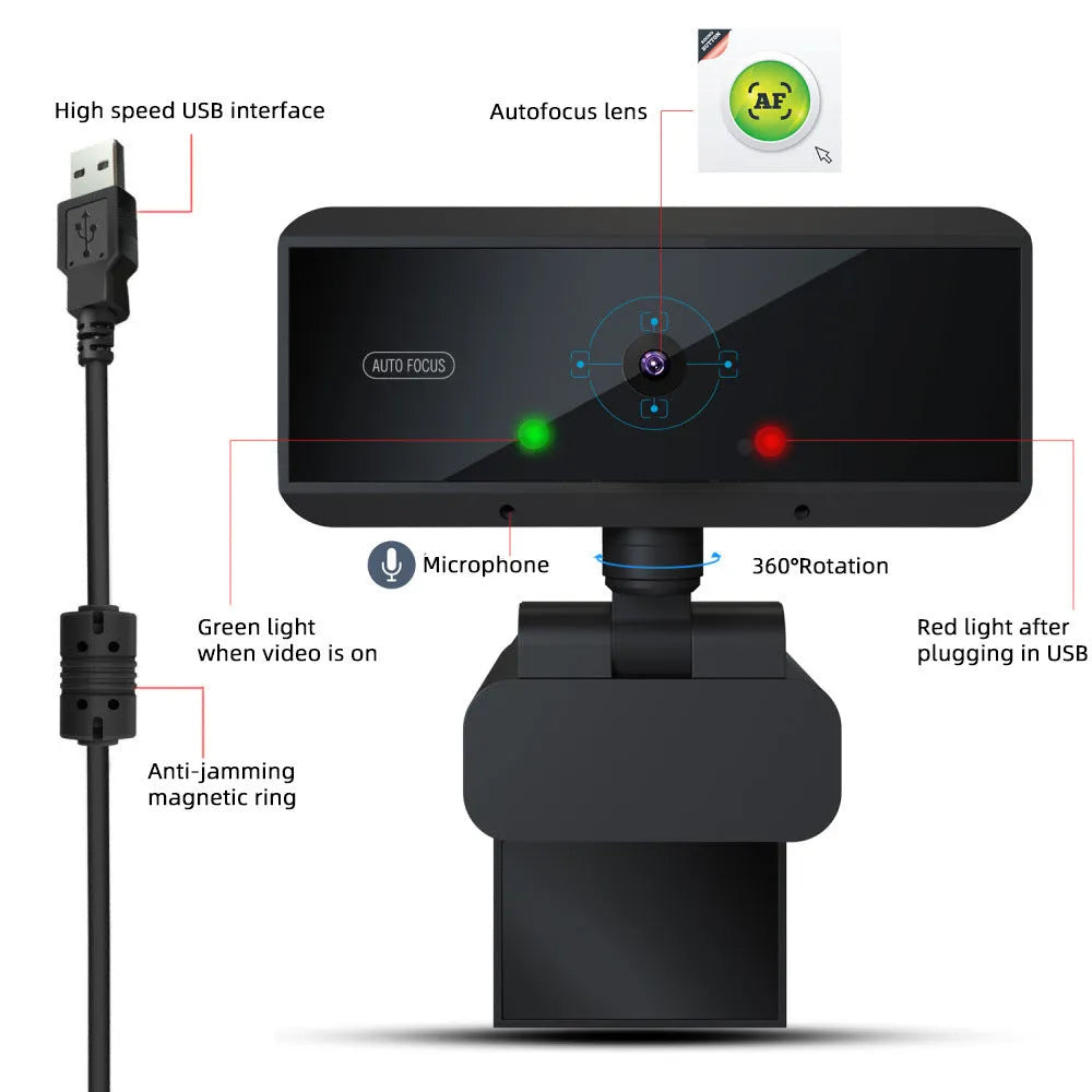 Black HD computer video camera with 5MP CMOS sensor, autofocus, USB 2.0, 1.7m cable for Windows desktop use