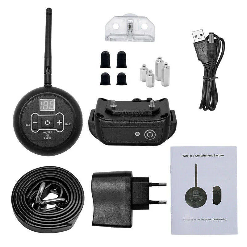 Wireless pet fence training collar with transmitter, IP67 waterproof, adjustable signal, 150m range, fits 25 inch neck
