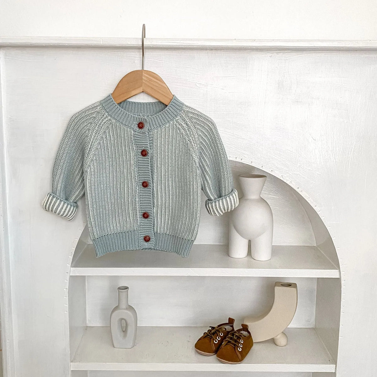 Infant two-colour twist round neck knitted coat in grey and lake blue stripes, cotton cardigan, sizes 66cm to 100cm