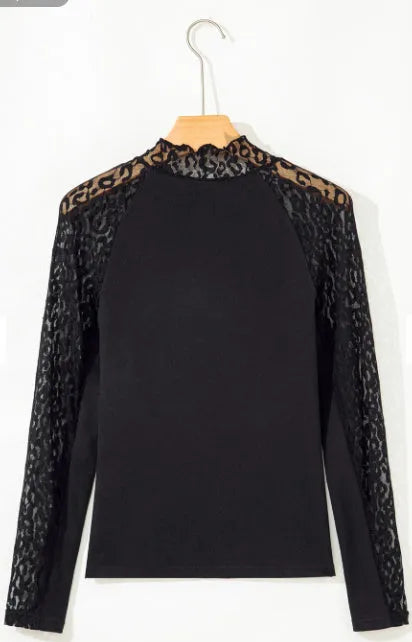 Black leopard print mesh stitching knitted long-sleeved top for women, front view