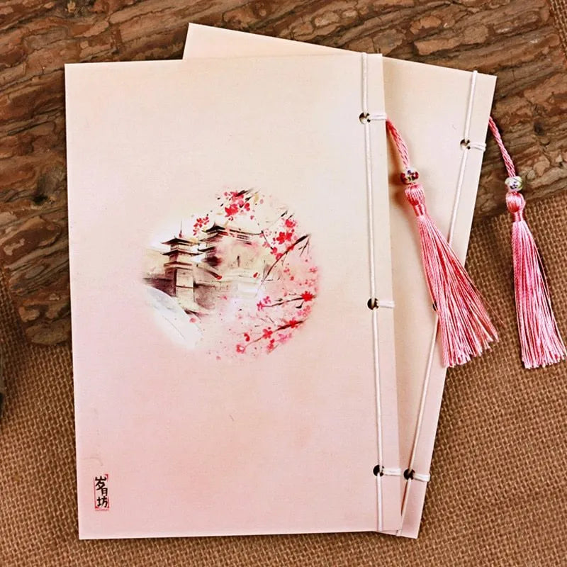 Azalea coloured retro Chinese style line-bound notebook with thread binding and 80gsm Dolin paper