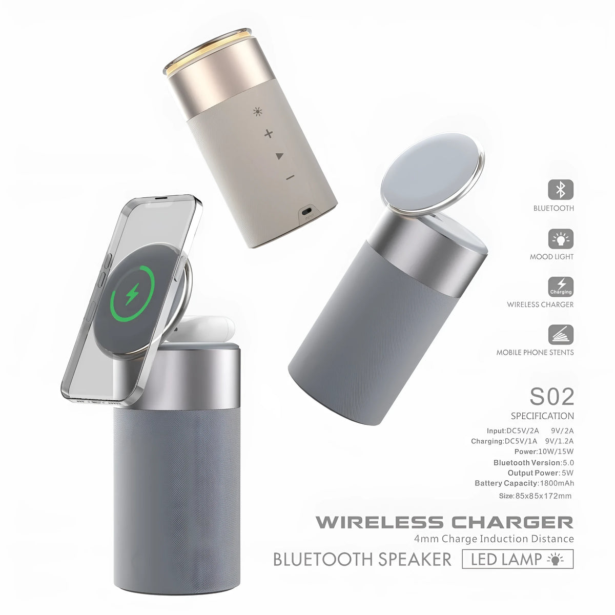 Gray or beige magnetic wireless charger with earphone and cellphone audio function, button or touch control, small portable design