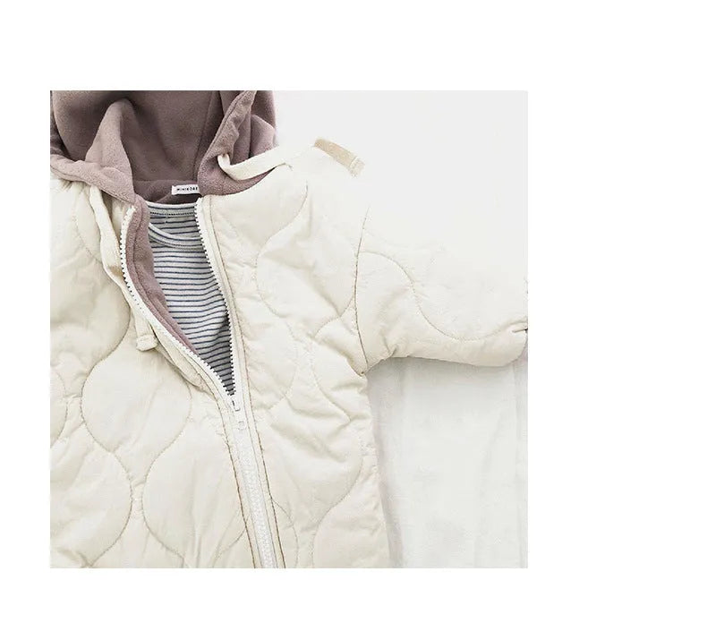Baby padded quilted cotton kumpsuit with hat in beige, size 80cm